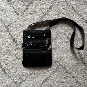Le Sportsac Triple Zip 3 Zipper Crossbody Black Patent